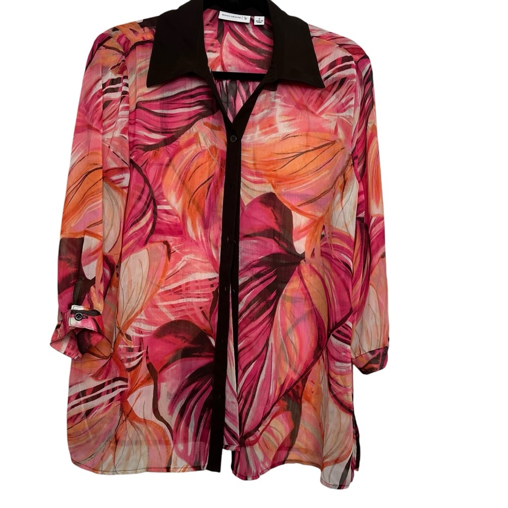 Susan Graver Small Chiffon Gauzy Sheer Pink Brown Orange White Button Front Top
